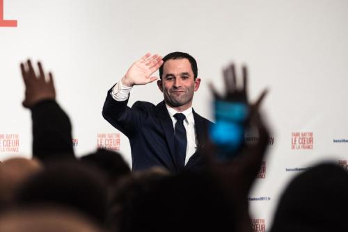 Benoit hamon celebrates his victory at the Mutualité